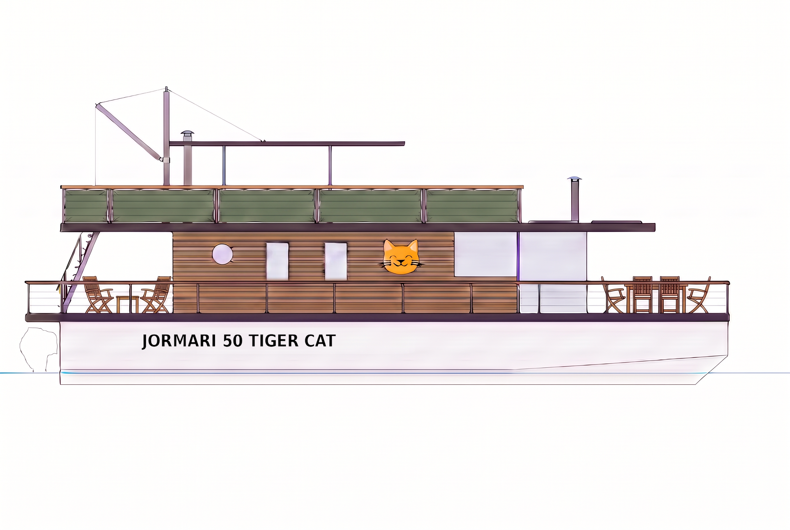 Jormari 50 Tiger Cat i profil som linjeteckning med naturgröna kapeller på räckenena, katthuvud på hyttväggen, bord och stolar på fördäcket samt stolar och bord på akterdäcket