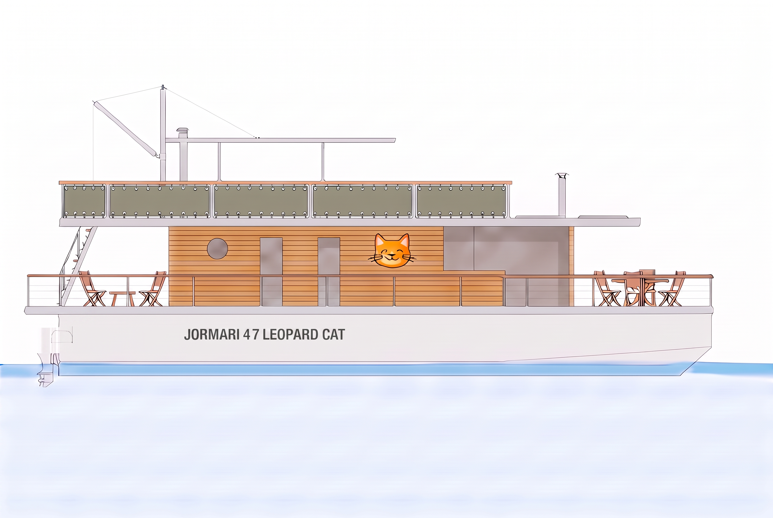 Jormari 47 Catamaran i profil med katthuvud på hyttväggen, naturgrönt kapell på takterrassens räcken, bord och stolar på fördäcket samt två stolar med bord på akterdäcket